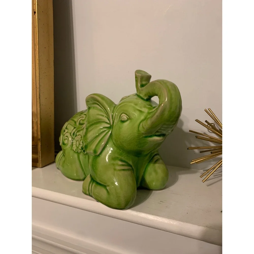 Vintage Green Glazed Baby Elephant Figurine home decor garden floral traditional